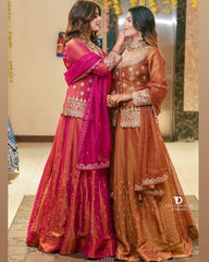 Embroidered Lehenga Suit Set with Dupatta – Rust Brown & Magenta Pink AllTreandy