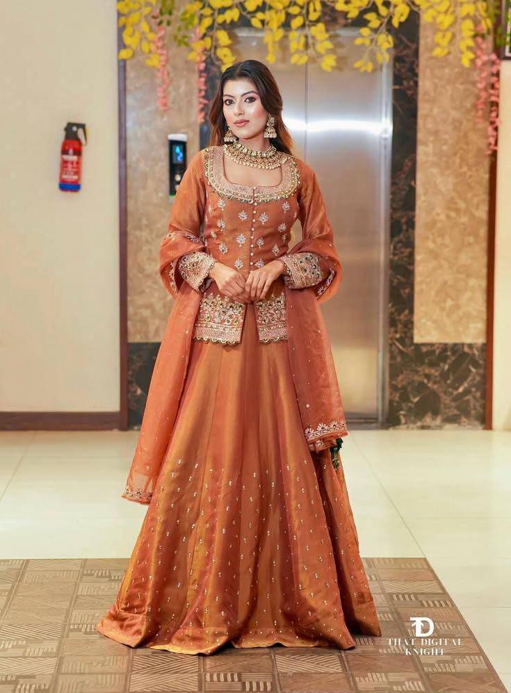 Embroidered Lehenga Suit Set with Dupatta – Rust Brown & Magenta Pink AllTreandy