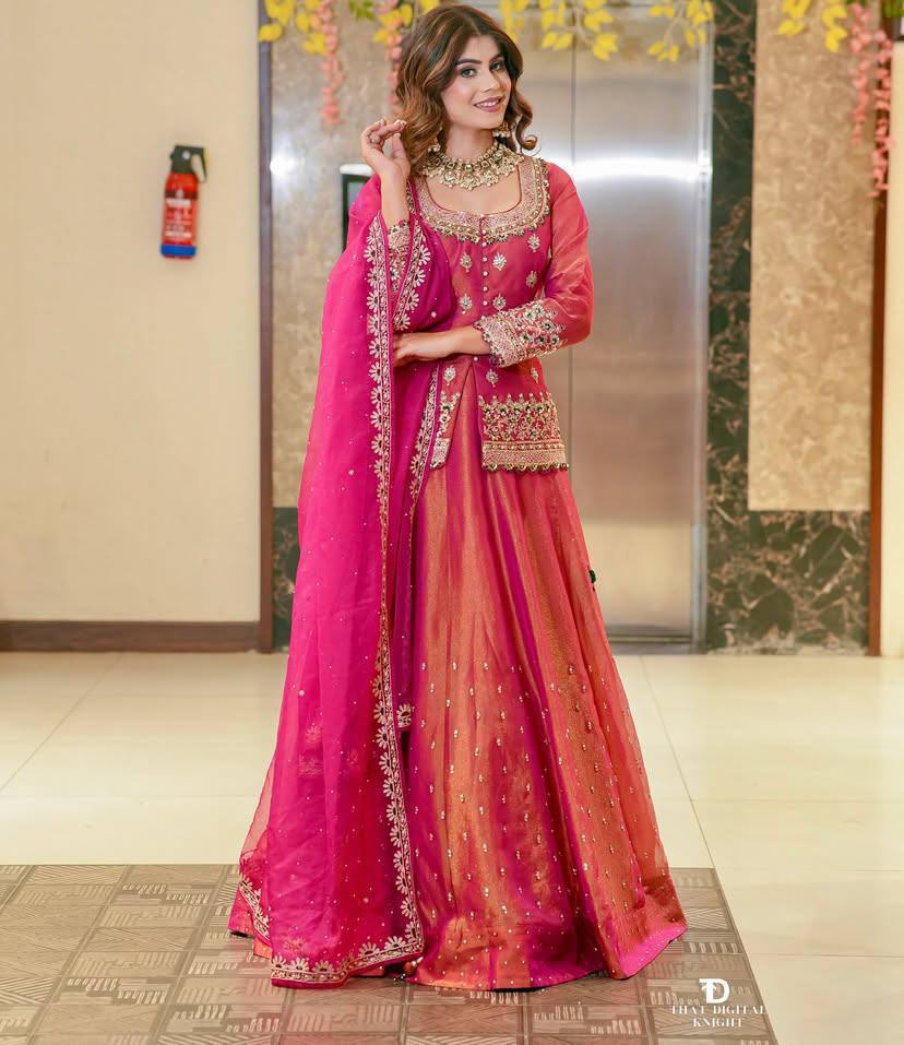 Embroidered Lehenga Suit Set with Dupatta – Rust Brown & Magenta Pink AllTreandy