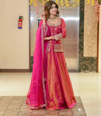 Embroidered Lehenga Suit Set with Dupatta – Rust Brown & Magenta Pink AllTreandy