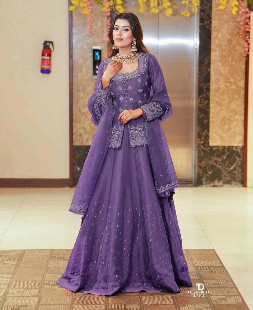 Embroidered Lehenga Suit Set with Dupatta – Rust Brown & Magenta Pink AllTreandy