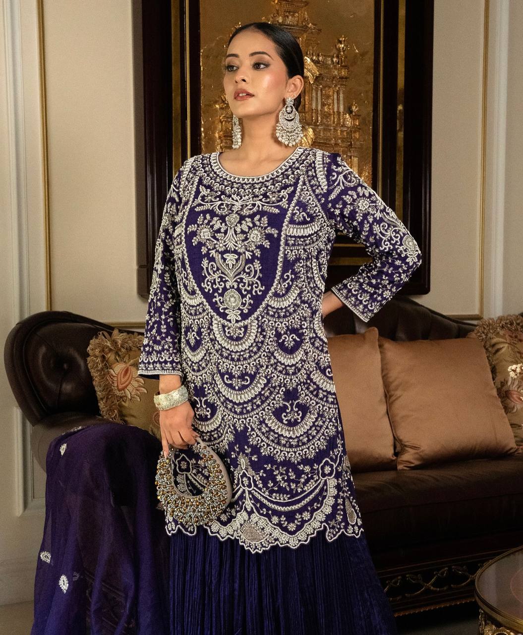 Royal Blue Embroidered Anarkali Suit with Palazzo & Dupatta AllTreandy