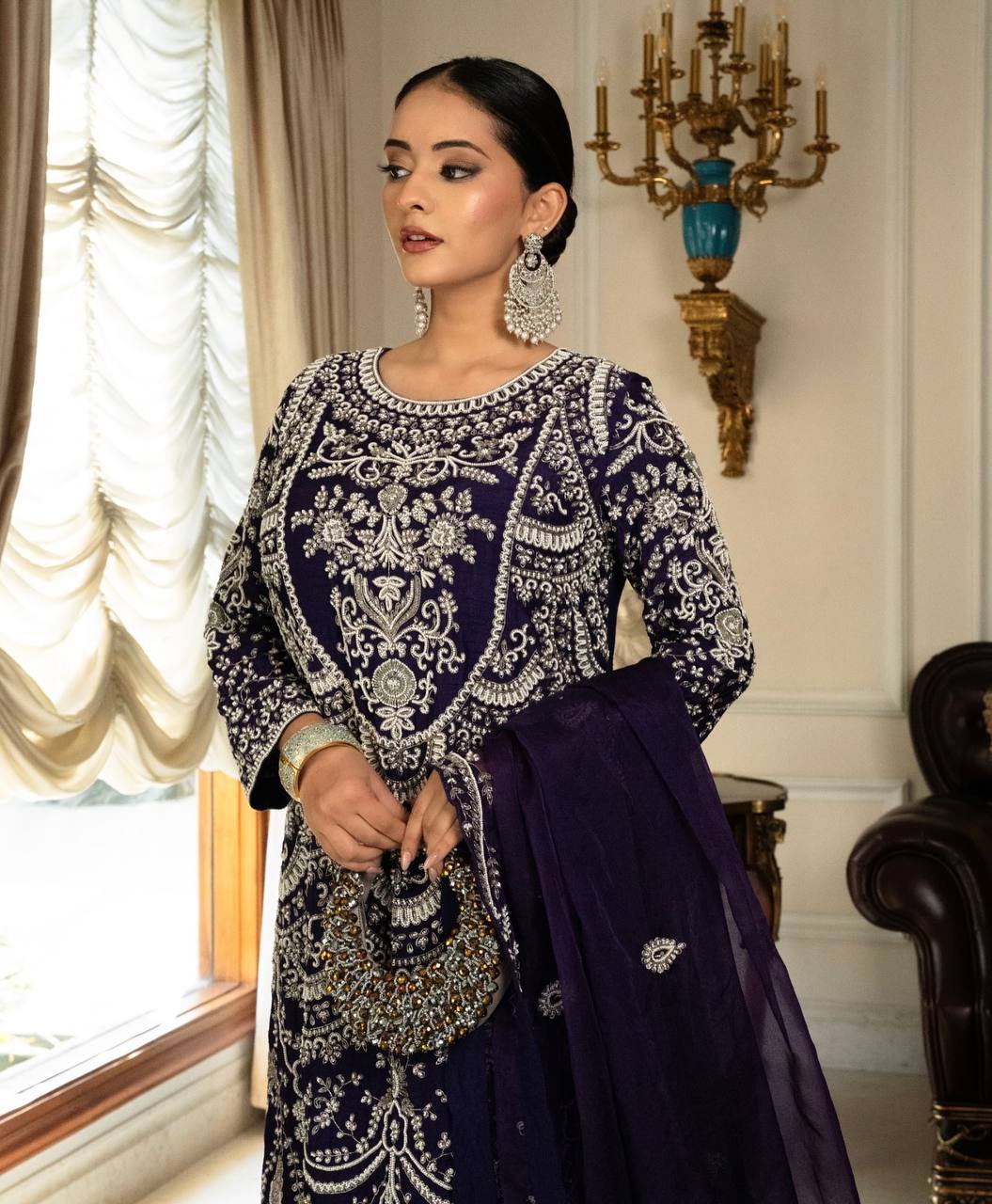 Royal Blue Embroidered Anarkali Suit with Palazzo & Dupatta AllTreandy