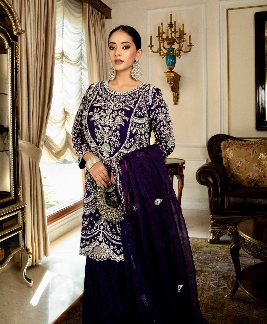 Royal Blue Embroidered Anarkali Suit with Palazzo & Dupatta AllTreandy