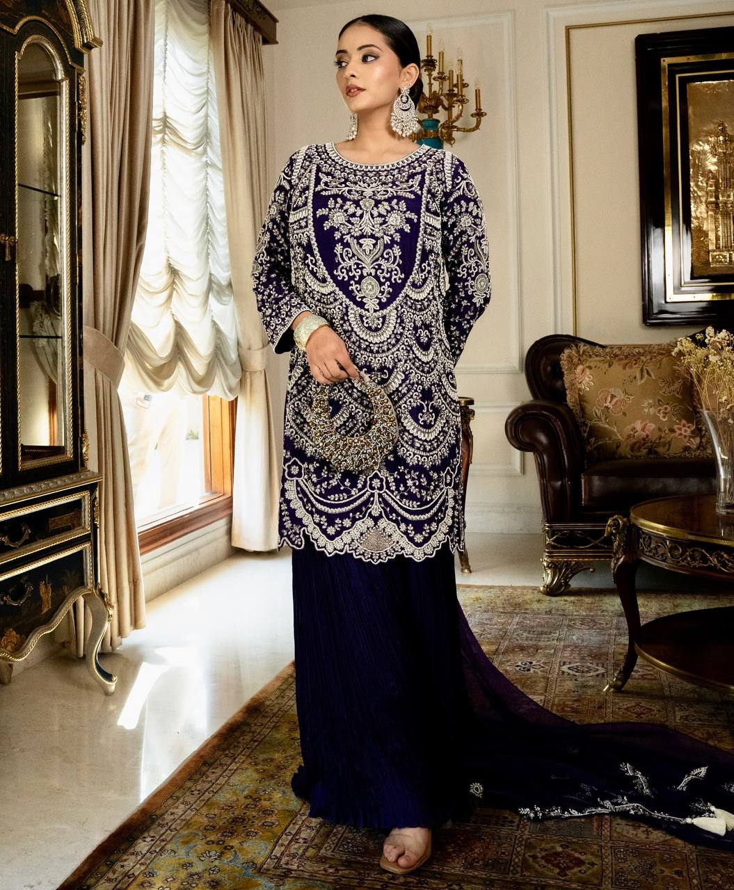 Royal Blue Embroidered Anarkali Suit with Palazzo & Dupatta AllTreandy