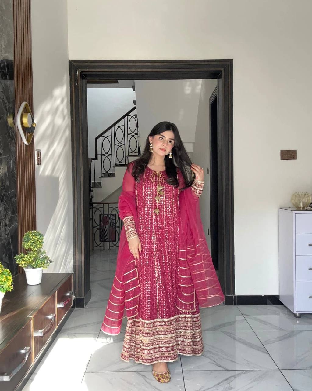 Maroon Embroidered Anarkali Suit Set with Chiffon Dupatta AllTreandy