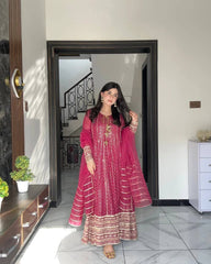 Maroon Embroidered Anarkali Suit Set with Chiffon Dupatta AllTreandy