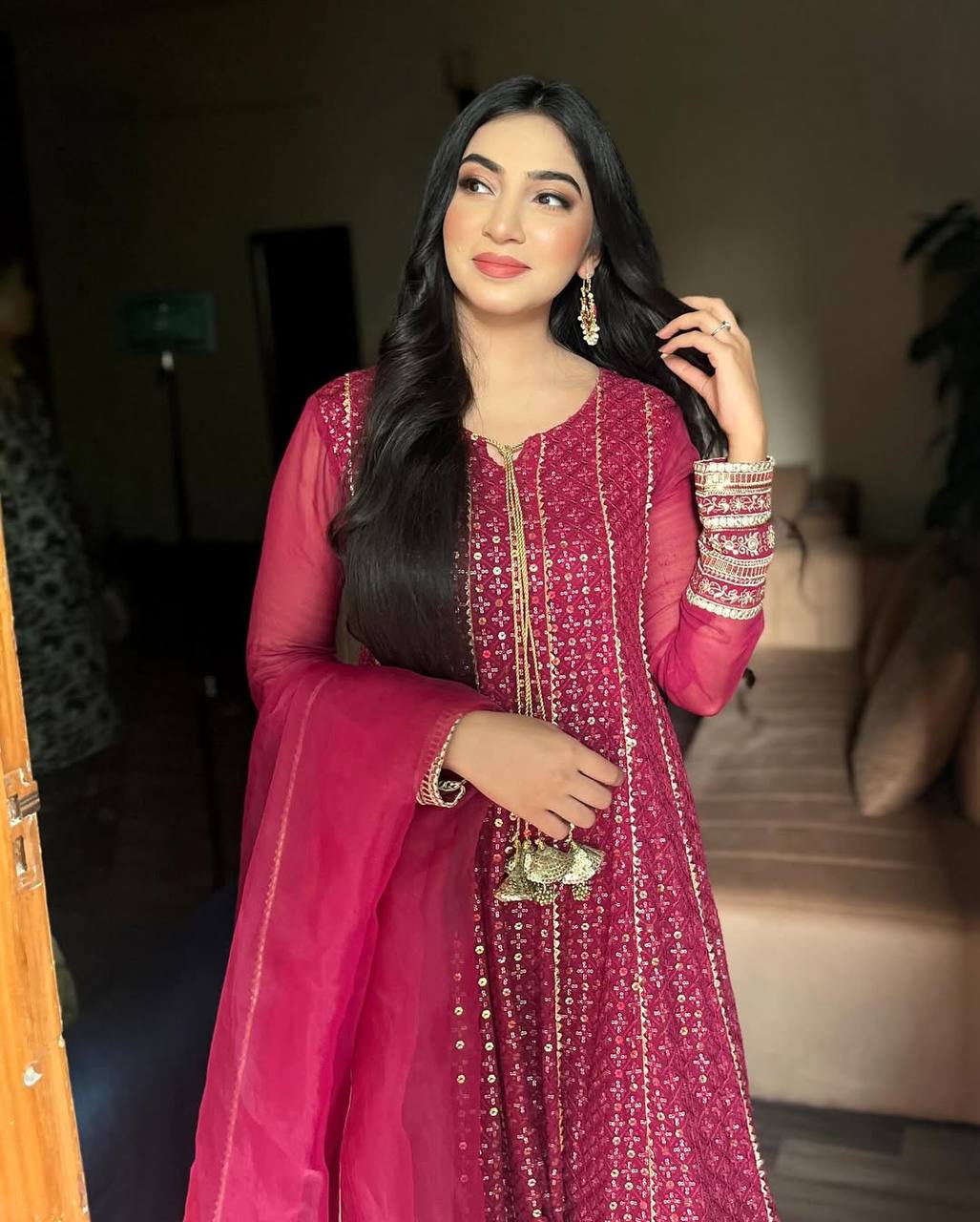 Maroon Embroidered Anarkali Suit Set with Chiffon Dupatta AllTreandy