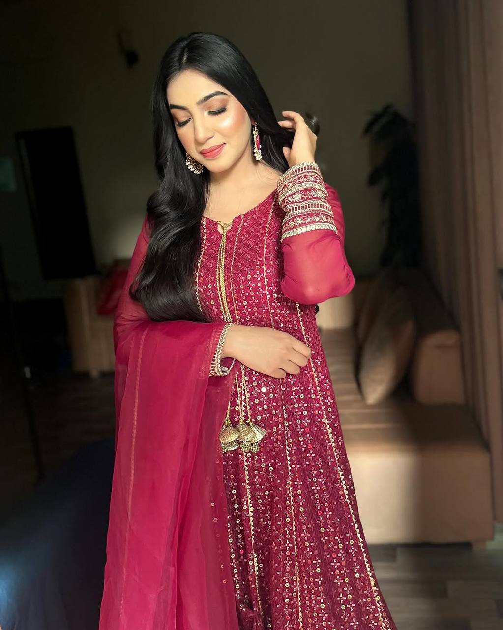Maroon Embroidered Anarkali Suit Set with Chiffon Dupatta AllTreandy