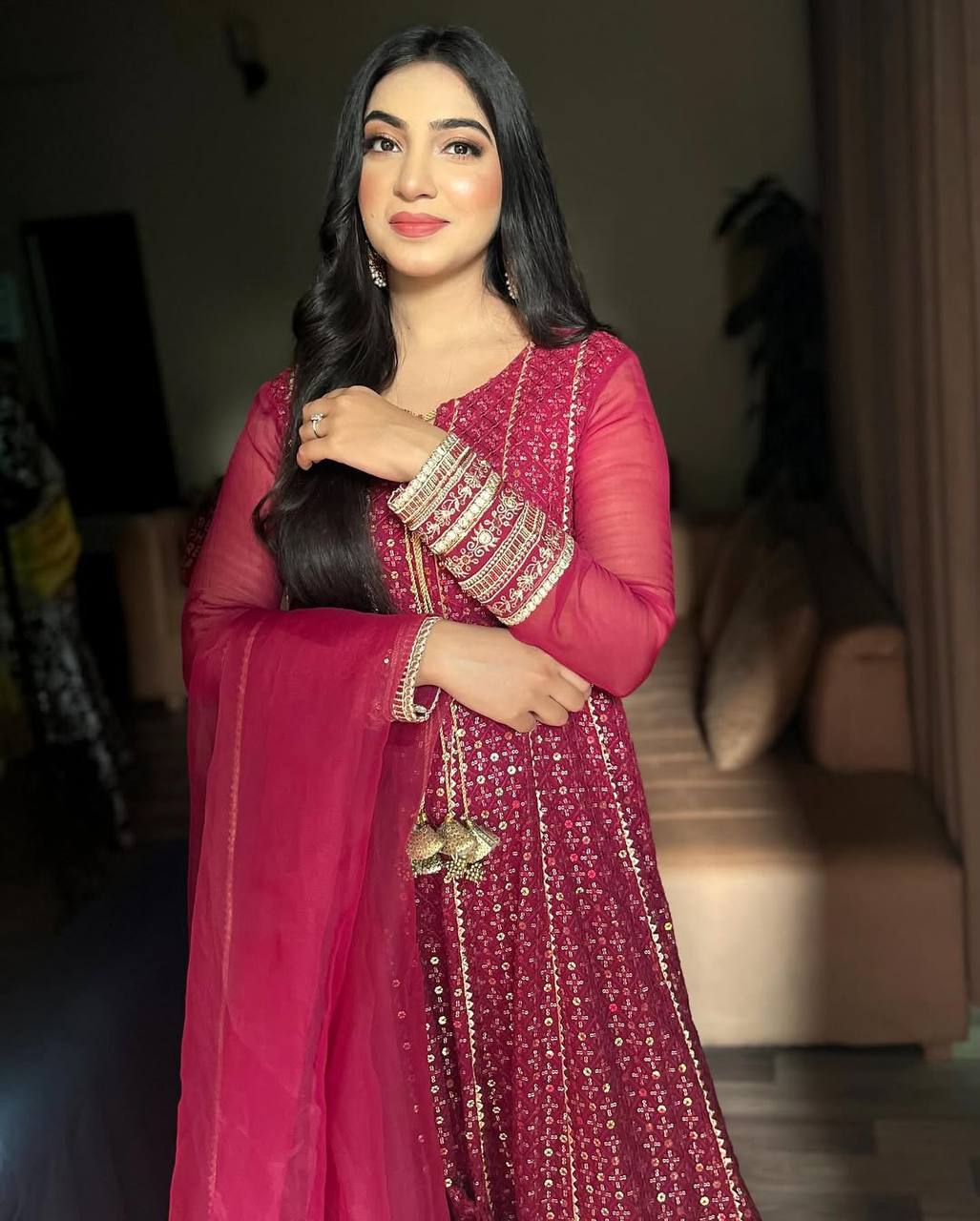 Maroon Embroidered Anarkali Suit Set with Chiffon Dupatta AllTreandy