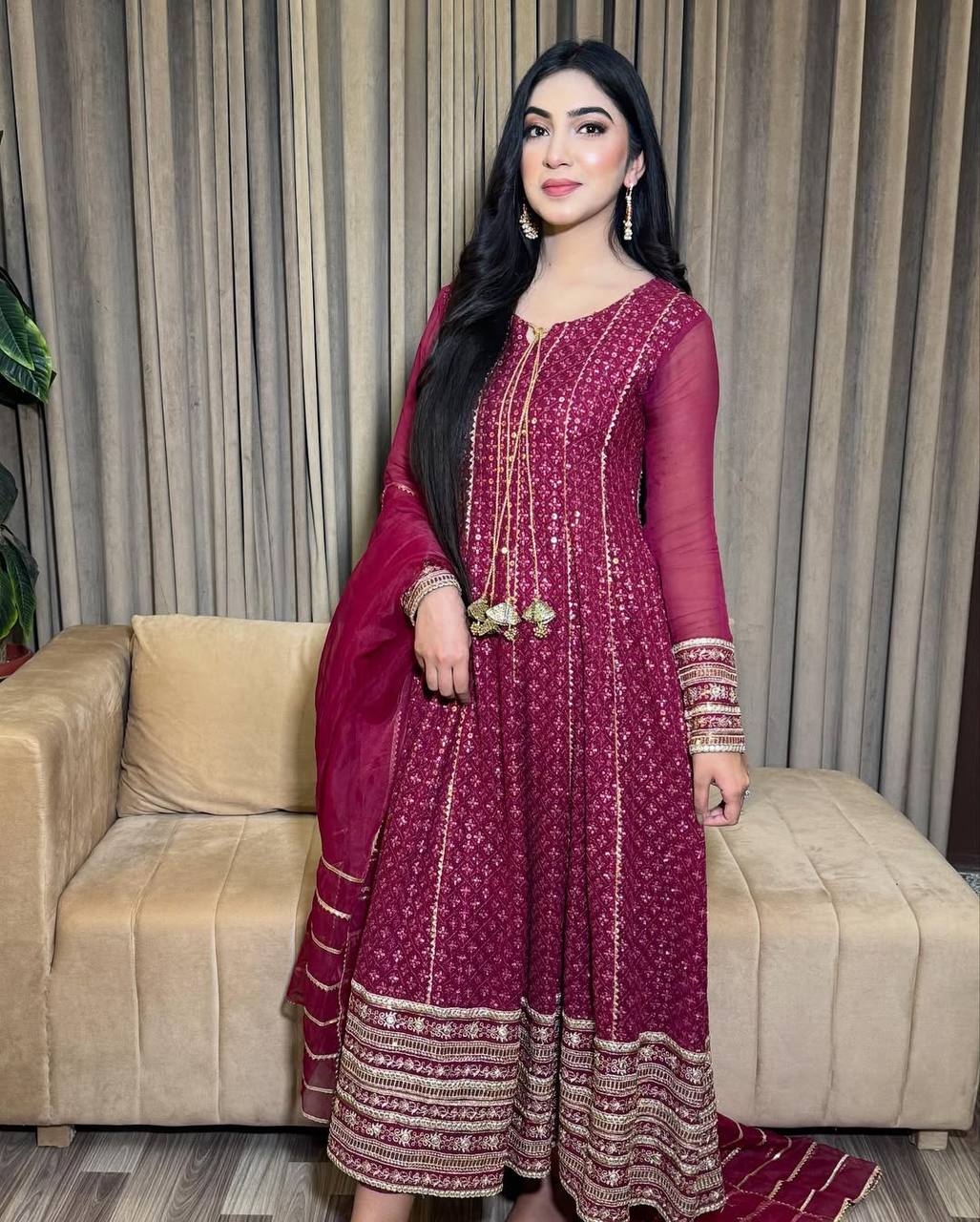 Maroon Embroidered Anarkali Suit Set with Chiffon Dupatta AllTreandy