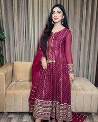 Maroon Embroidered Anarkali Suit Set with Chiffon Dupatta AllTreandy