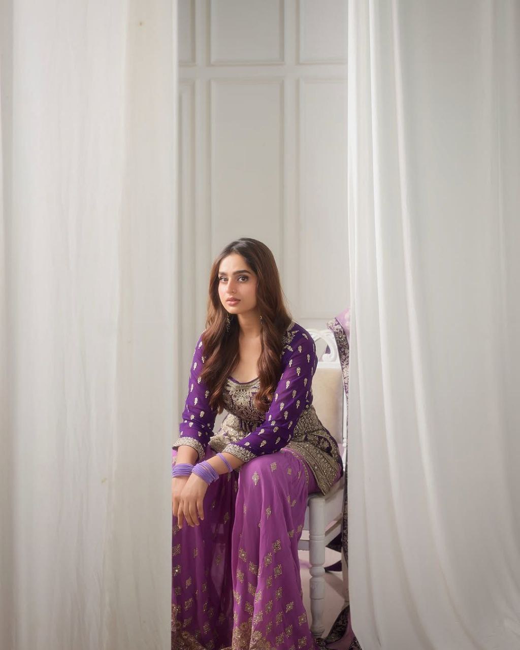 Purple Sharara Suit with Heavy Golden Embroidery & Net Dupatta AllTreandy