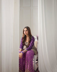 Purple Sharara Suit with Heavy Golden Embroidery & Net Dupatta AllTreandy