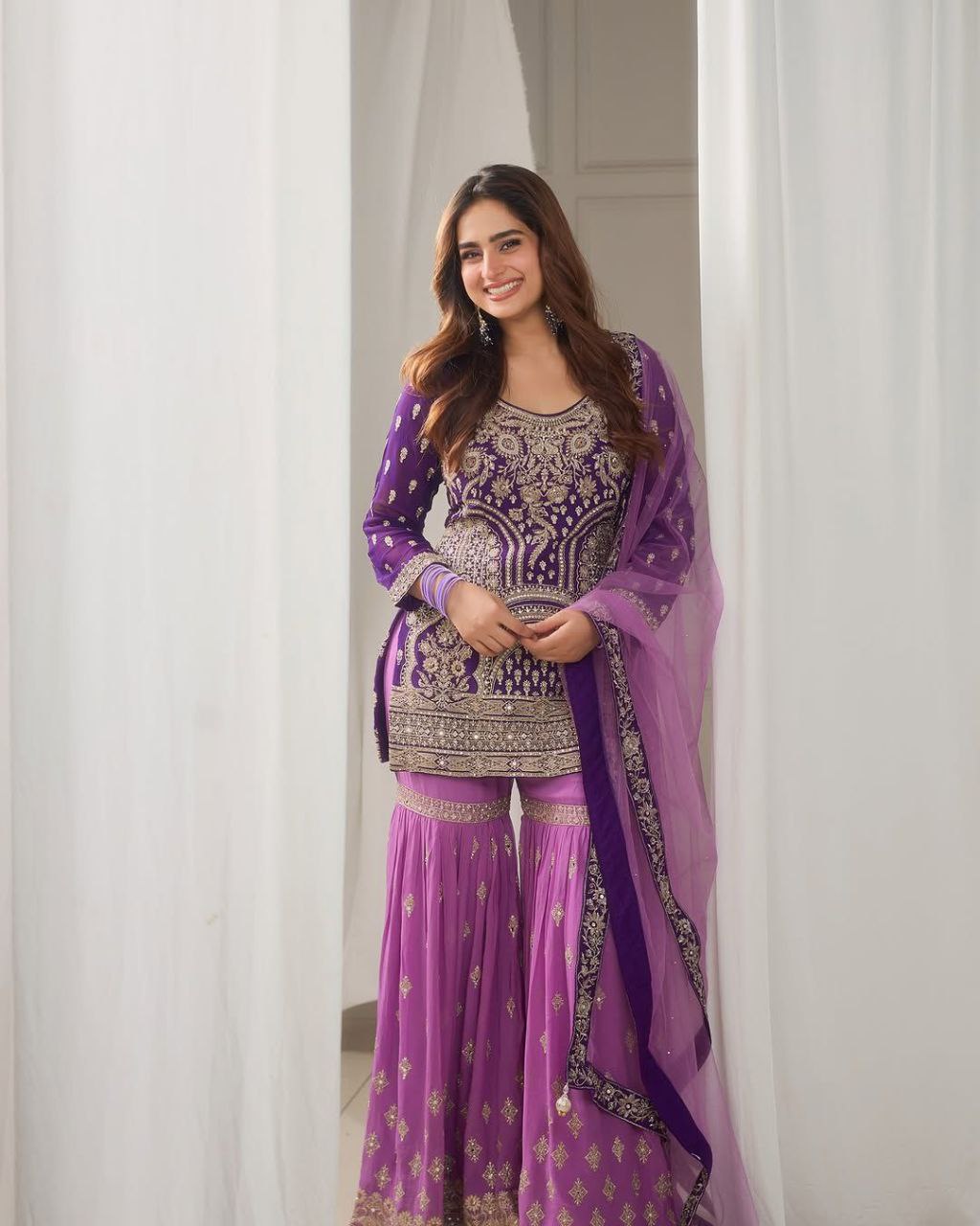Purple Sharara Suit with Heavy Golden Embroidery & Net Dupatta AllTreandy