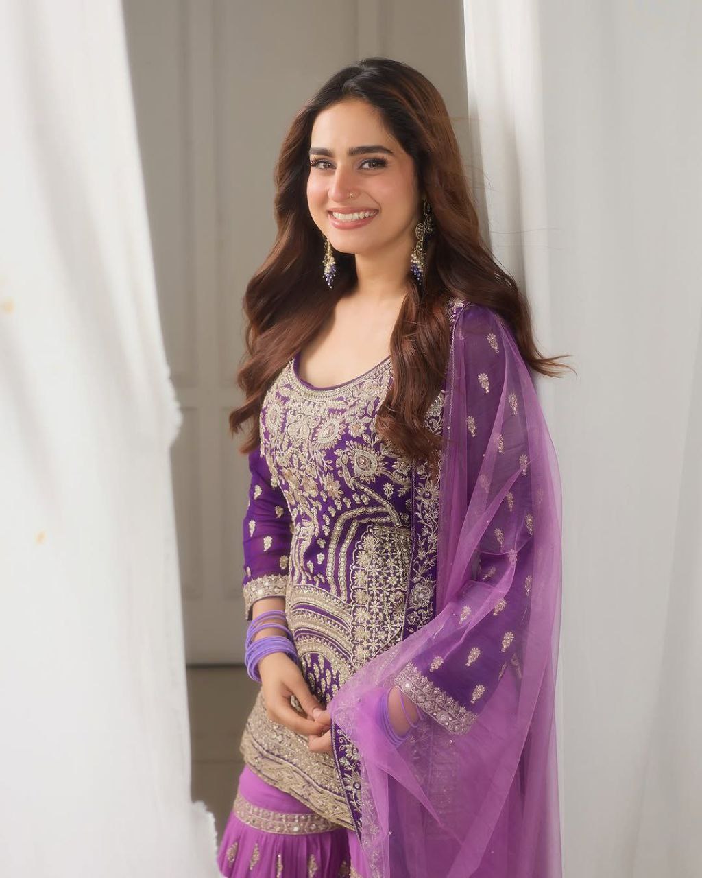Purple Sharara Suit with Heavy Golden Embroidery & Net Dupatta AllTreandy