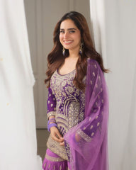 Purple Sharara Suit with Heavy Golden Embroidery & Net Dupatta AllTreandy