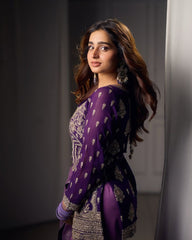 Purple Sharara Suit with Heavy Golden Embroidery & Net Dupatta AllTreandy