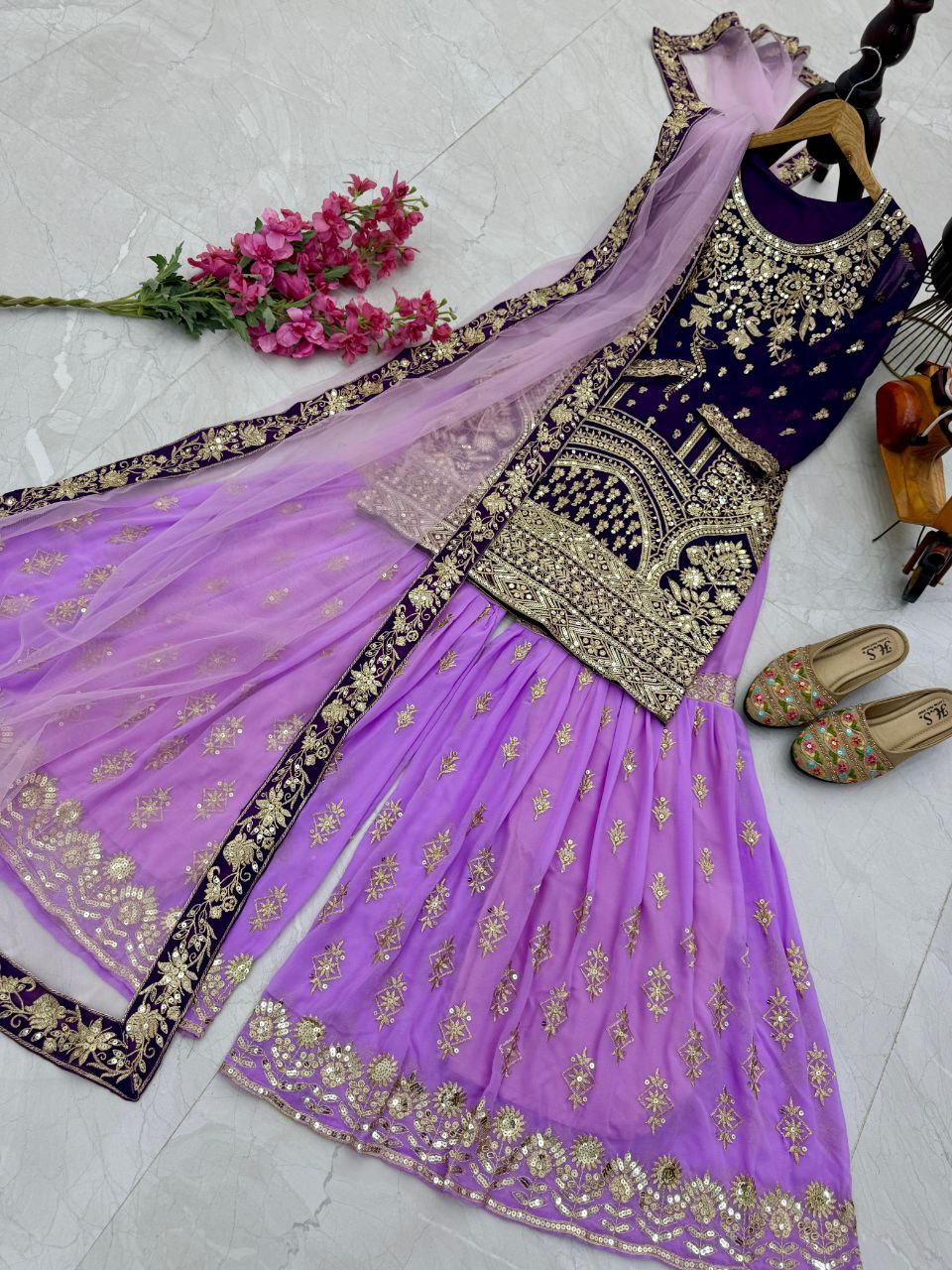 Purple Sharara Suit with Heavy Golden Embroidery & Net Dupatta AllTreandy