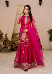 Hot Pink Georgette Sharara Suit with Golden Embroidery AllTreandy