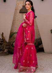 Hot Pink Georgette Sharara Suit with Golden Embroidery AllTreandy
