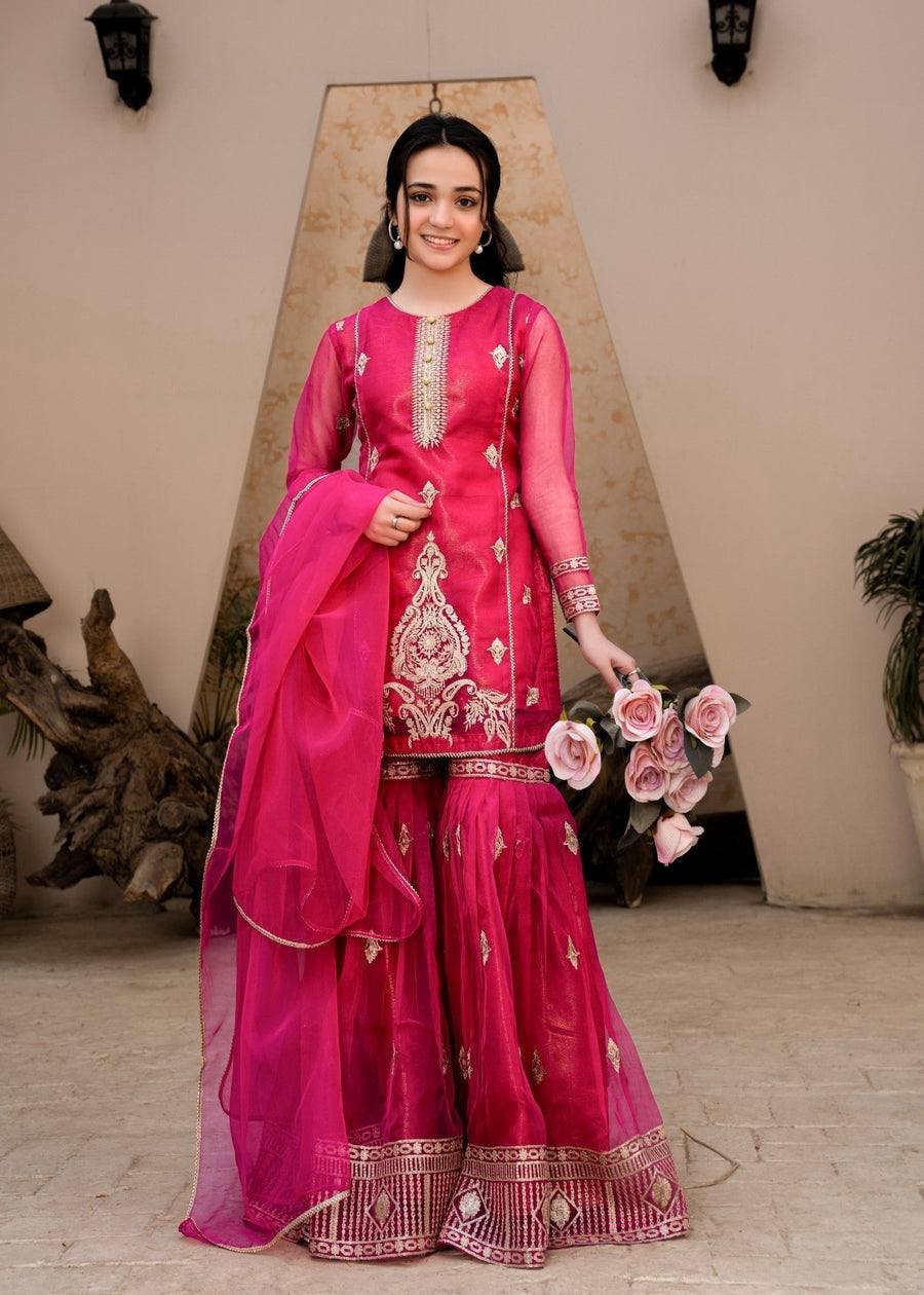 Hot Pink Georgette Sharara Suit with Golden Embroidery AllTreandy