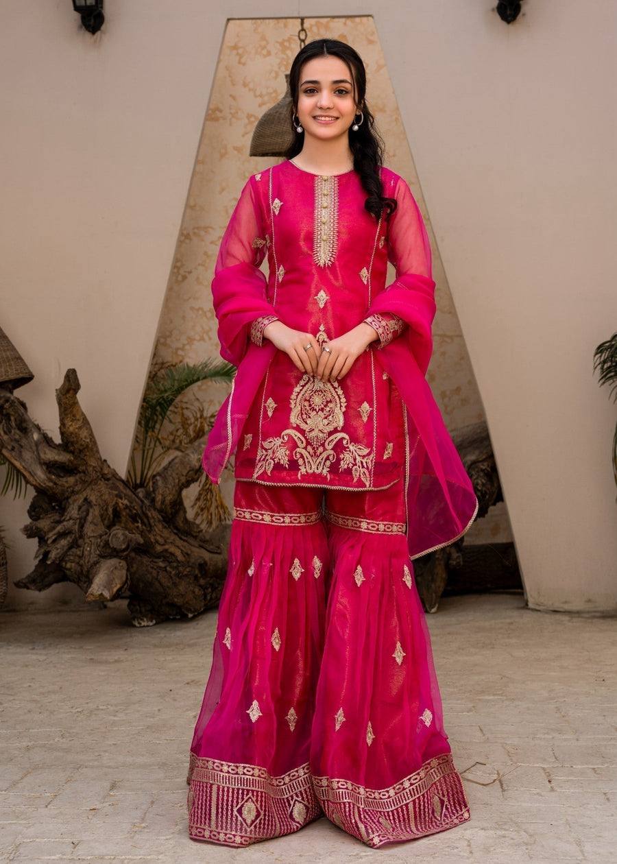Hot Pink Georgette Sharara Suit with Golden Embroidery AllTreandy