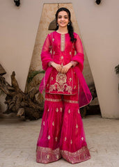 Hot Pink Georgette Sharara Suit with Golden Embroidery AllTreandy