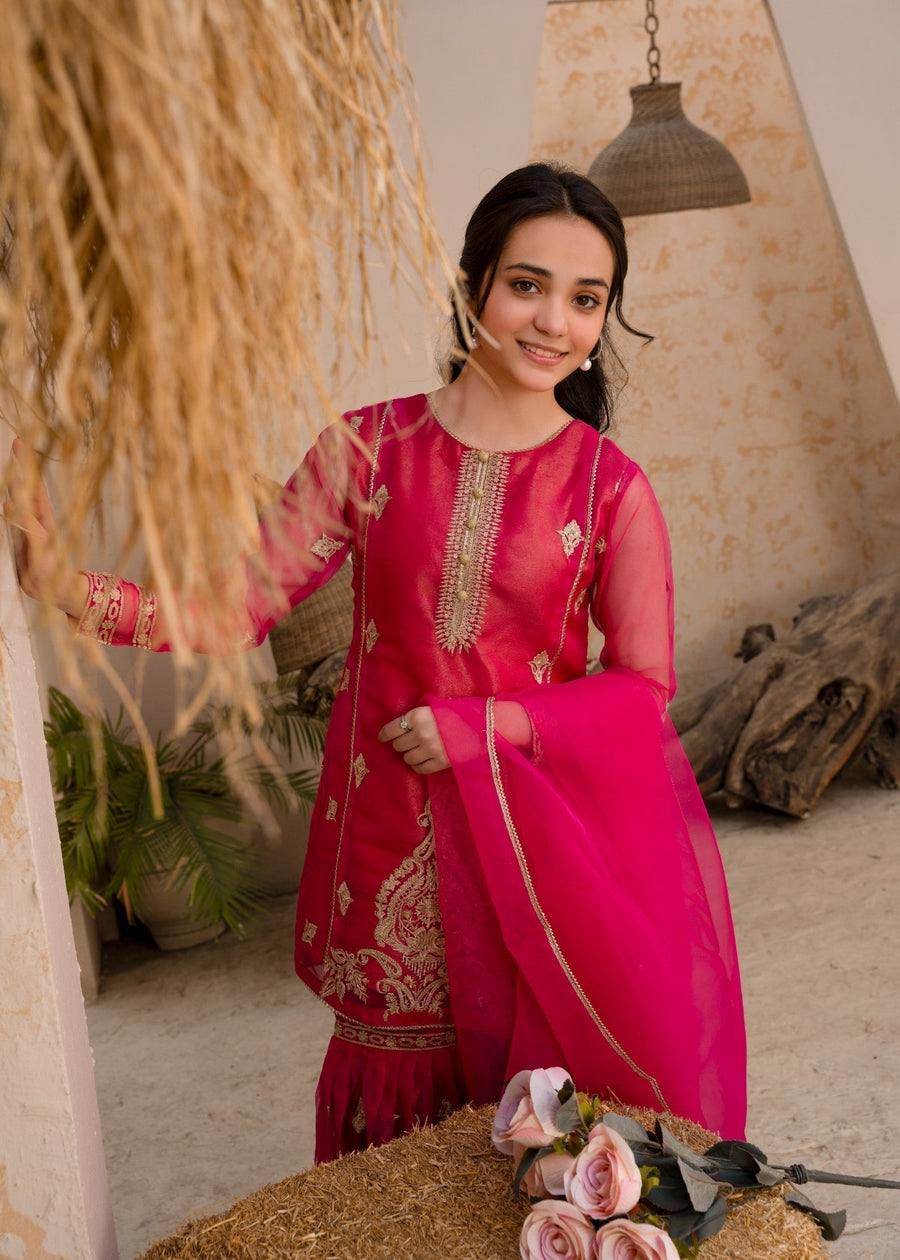 Hot Pink Georgette Sharara Suit with Golden Embroidery AllTreandy