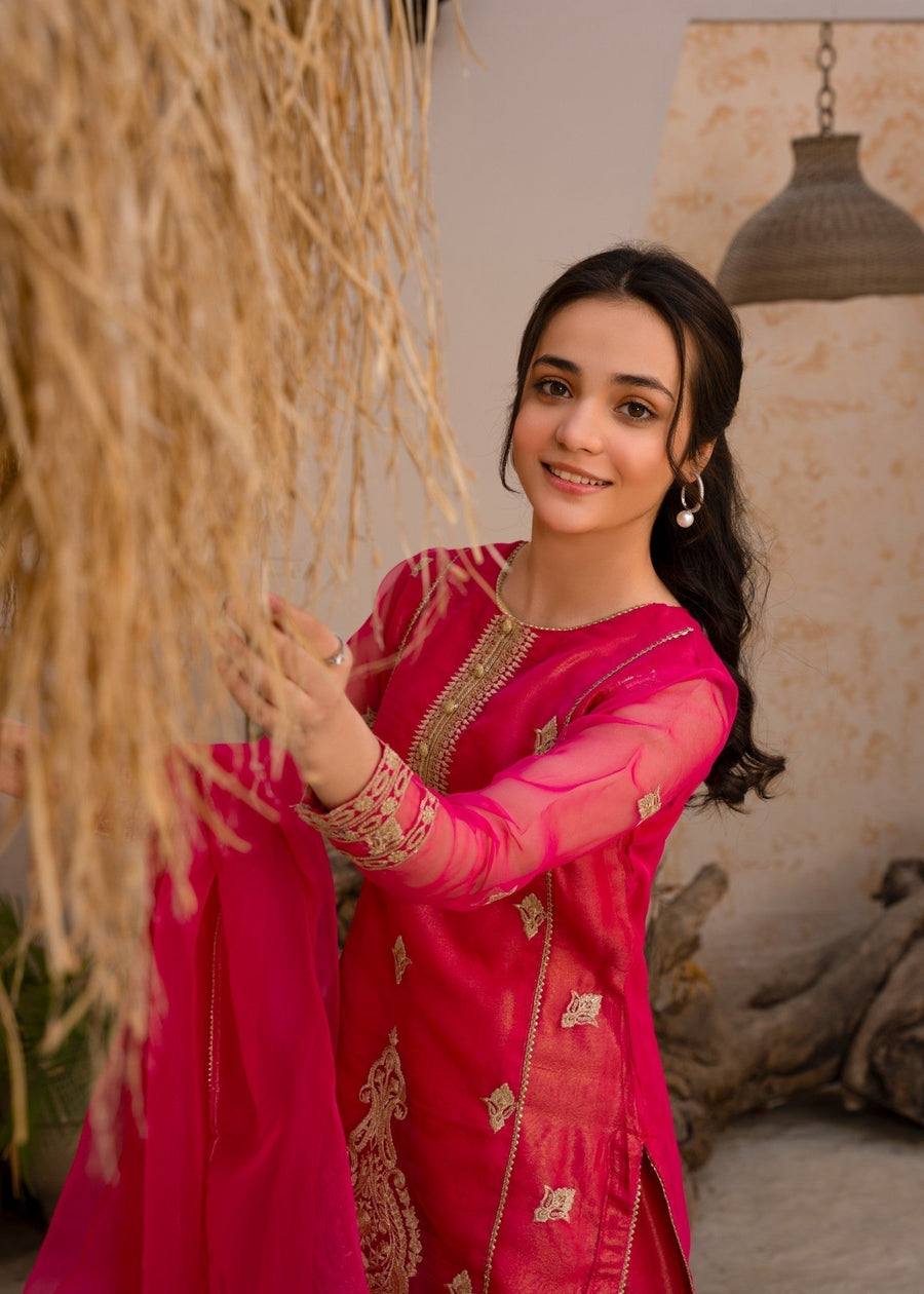 Hot Pink Georgette Sharara Suit with Golden Embroidery AllTreandy
