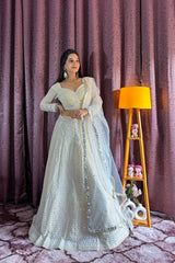 Ivory White Mirror Work Lehenga with Net Dupatta AllTreandy