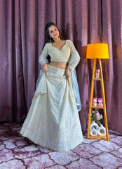 Ivory White Mirror Work Lehenga with Net Dupatta AllTreandy
