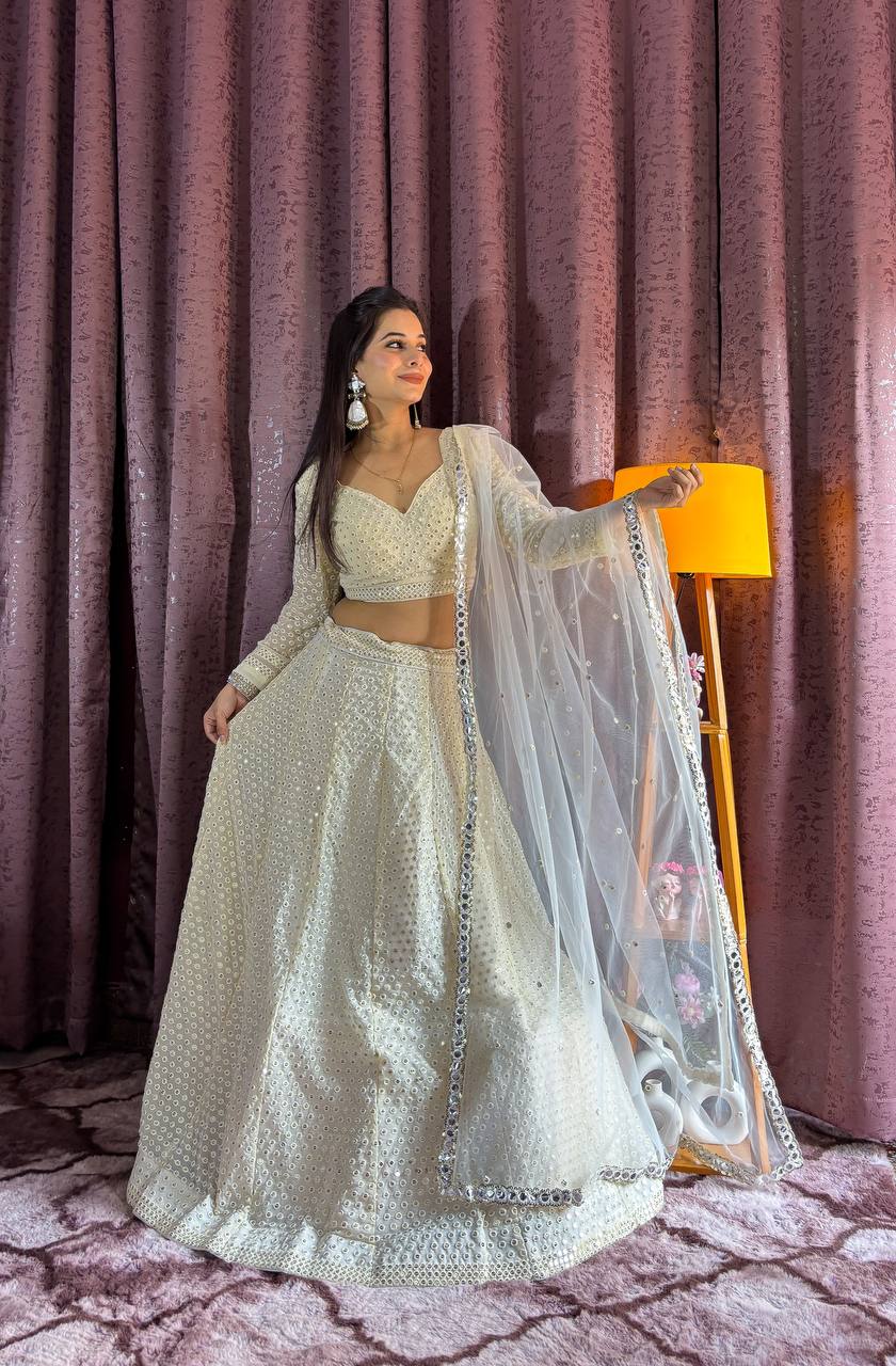 Ivory White Mirror Work Lehenga with Net Dupatta AllTreandy