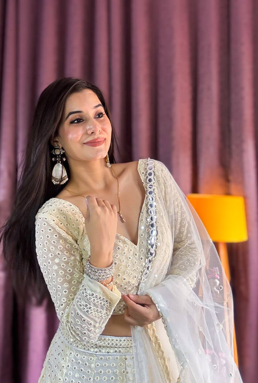 Ivory White Mirror Work Lehenga with Net Dupatta AllTreandy