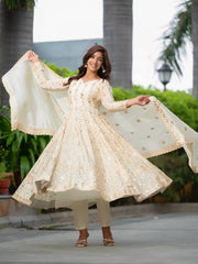 Ivory Anarkali Suit with Golden Sequin Embroidery and Dupatta AllTreandy