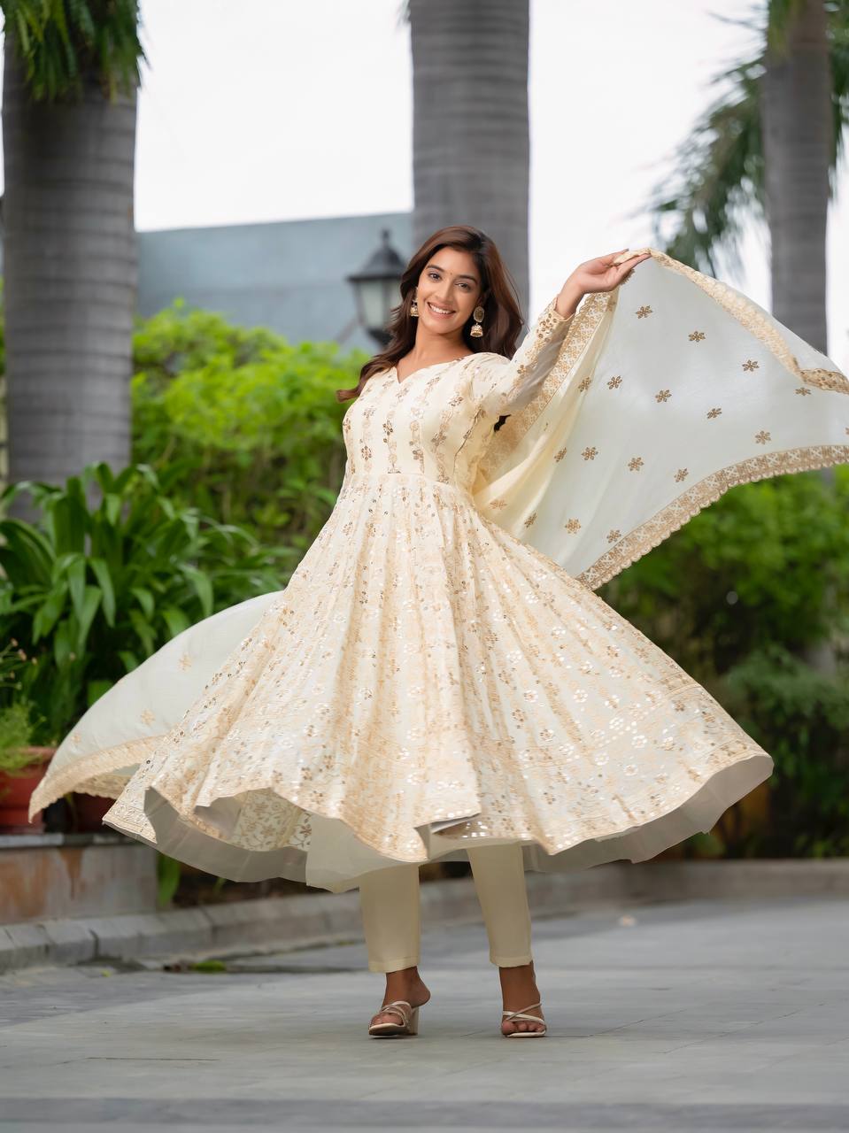 Ivory Anarkali Suit with Golden Sequin Embroidery and Dupatta AllTreandy
