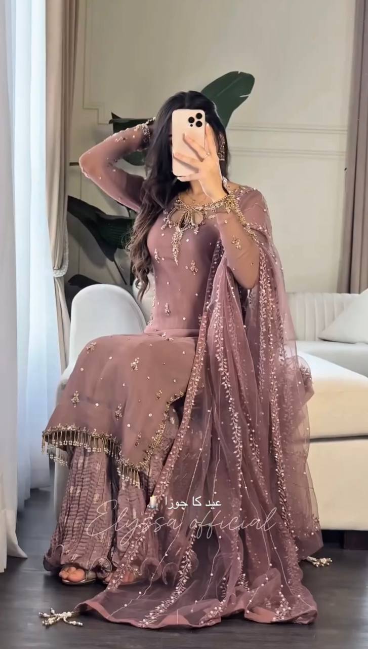 Mauve Straight-Cut Suit with Embellished Dupatta & Sharara Pants AllTreandy