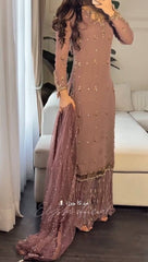 Mauve Straight-Cut Suit with Embellished Dupatta & Sharara Pants AllTreandy