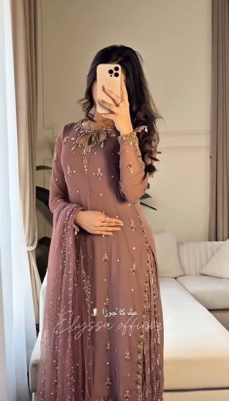 Mauve Straight-Cut Suit with Embellished Dupatta & Sharara Pants AllTreandy