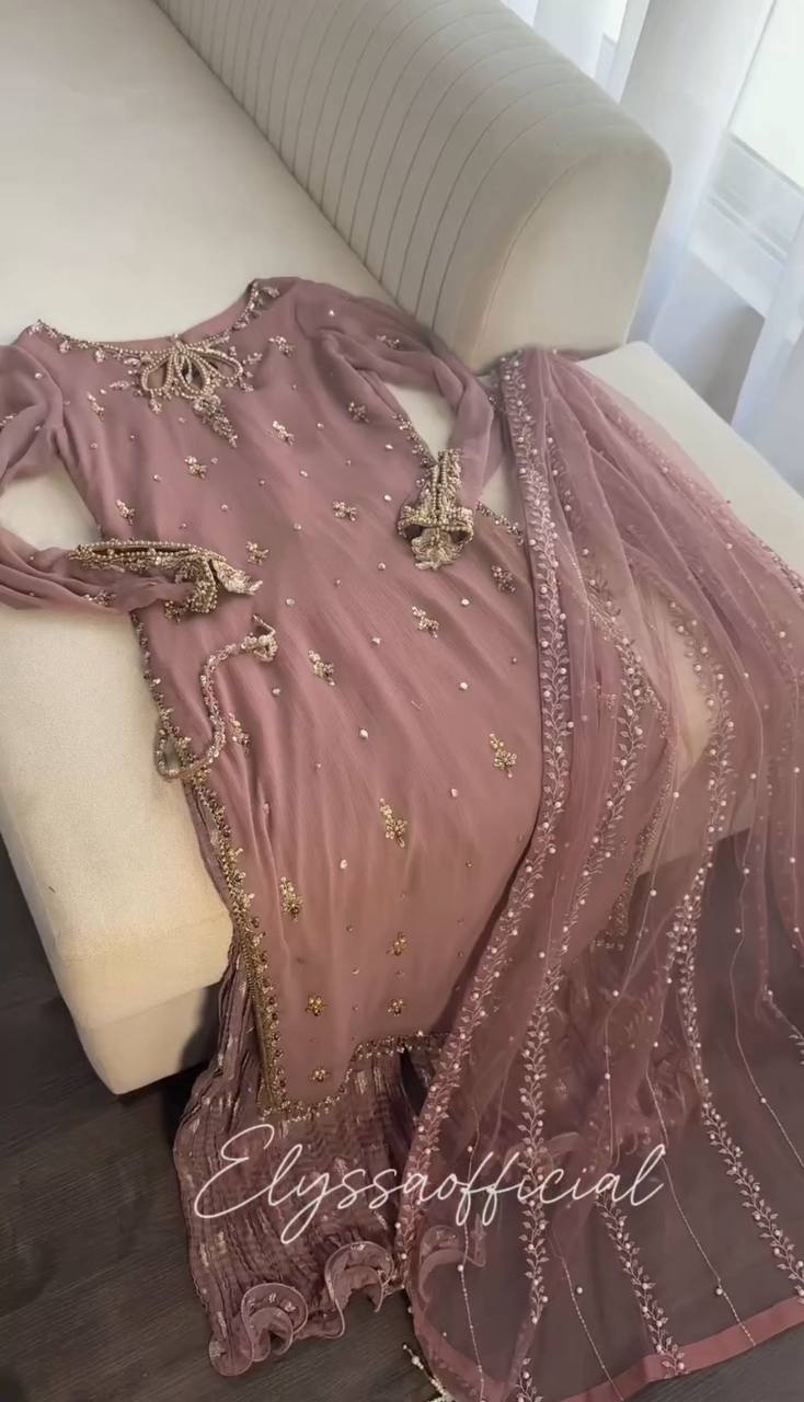 Mauve Straight-Cut Suit with Embellished Dupatta & Sharara Pants AllTreandy