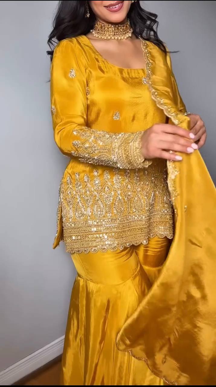 Mustard Yellow Embroidered Sharara Suit Set with Dupatta AllTreandy
