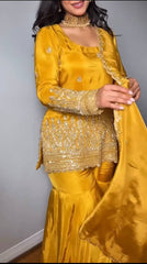 Mustard Yellow Embroidered Sharara Suit Set with Dupatta AllTreandy