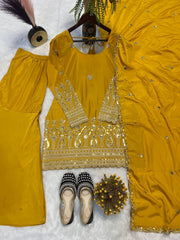 Mustard Yellow Embroidered Sharara Suit Set with Dupatta AllTreandy