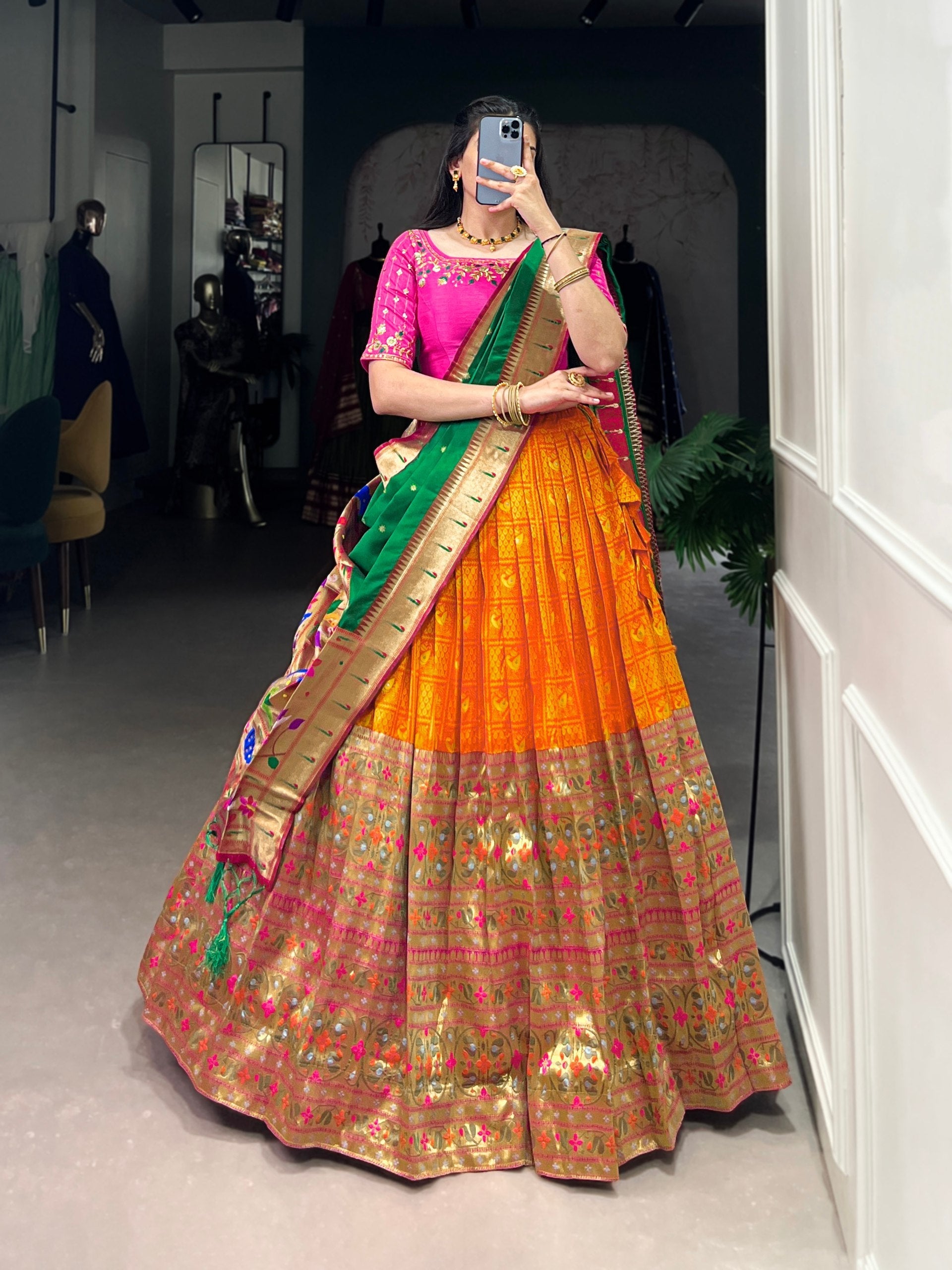 Orange Banarasi Silk Lehenga with Pink Blouse & Green Dupatta AllTreandy
