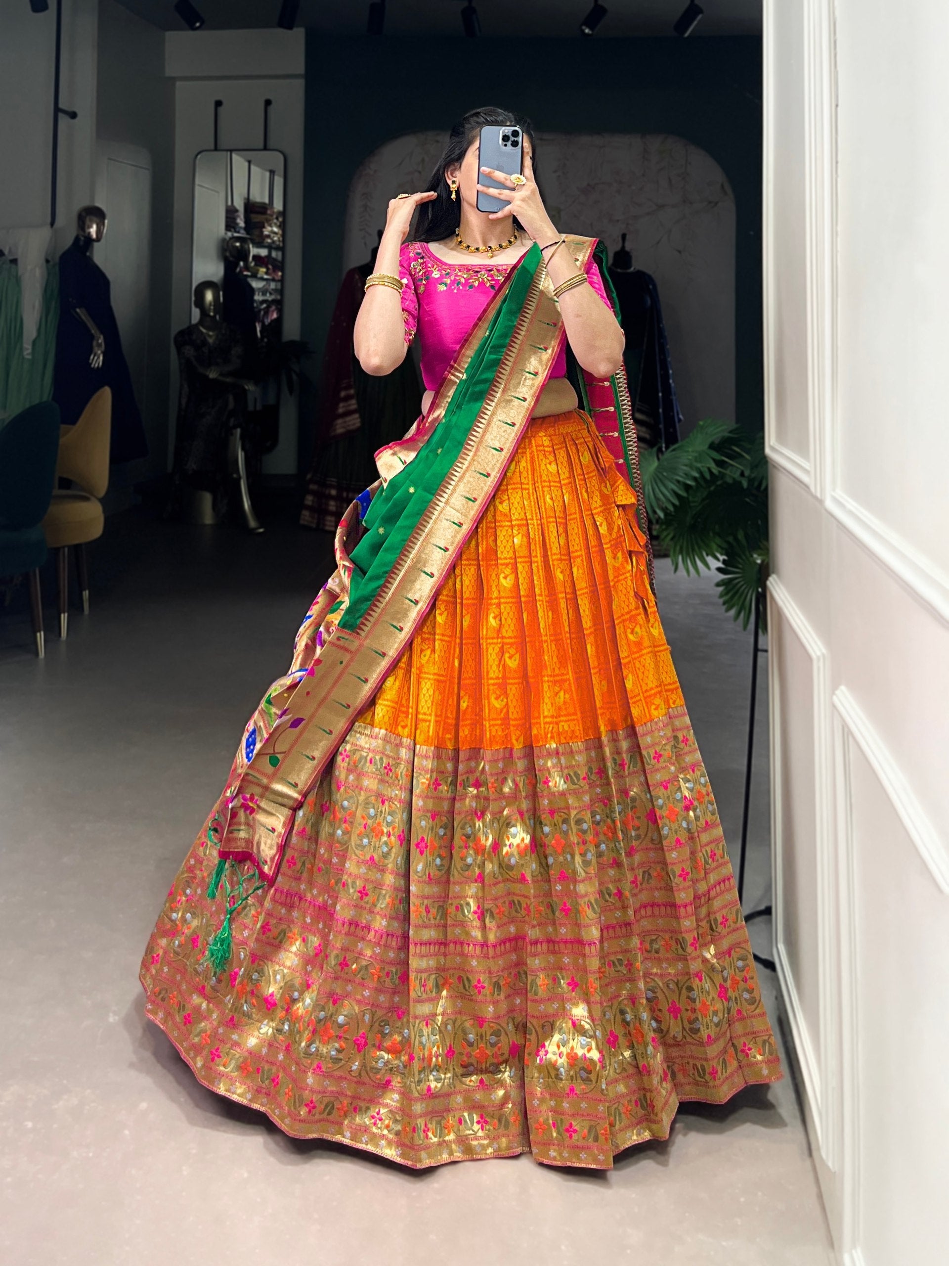 Orange Banarasi Silk Lehenga with Pink Blouse & Green Dupatta AllTreandy