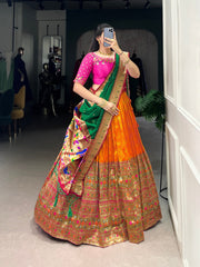 Orange Banarasi Silk Lehenga with Pink Blouse & Green Dupatta AllTreandy
