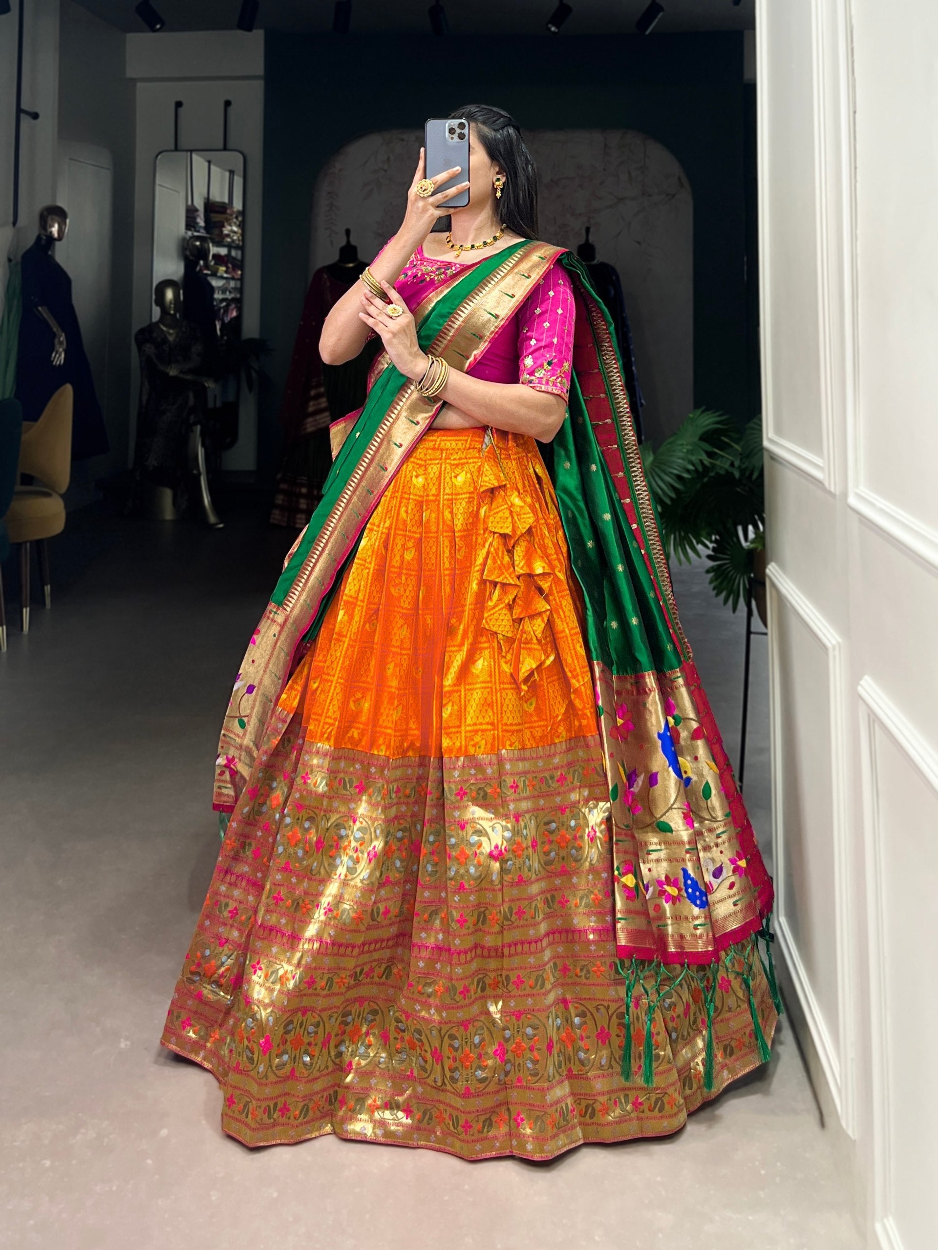 Orange Banarasi Silk Lehenga with Pink Blouse & Green Dupatta AllTreandy