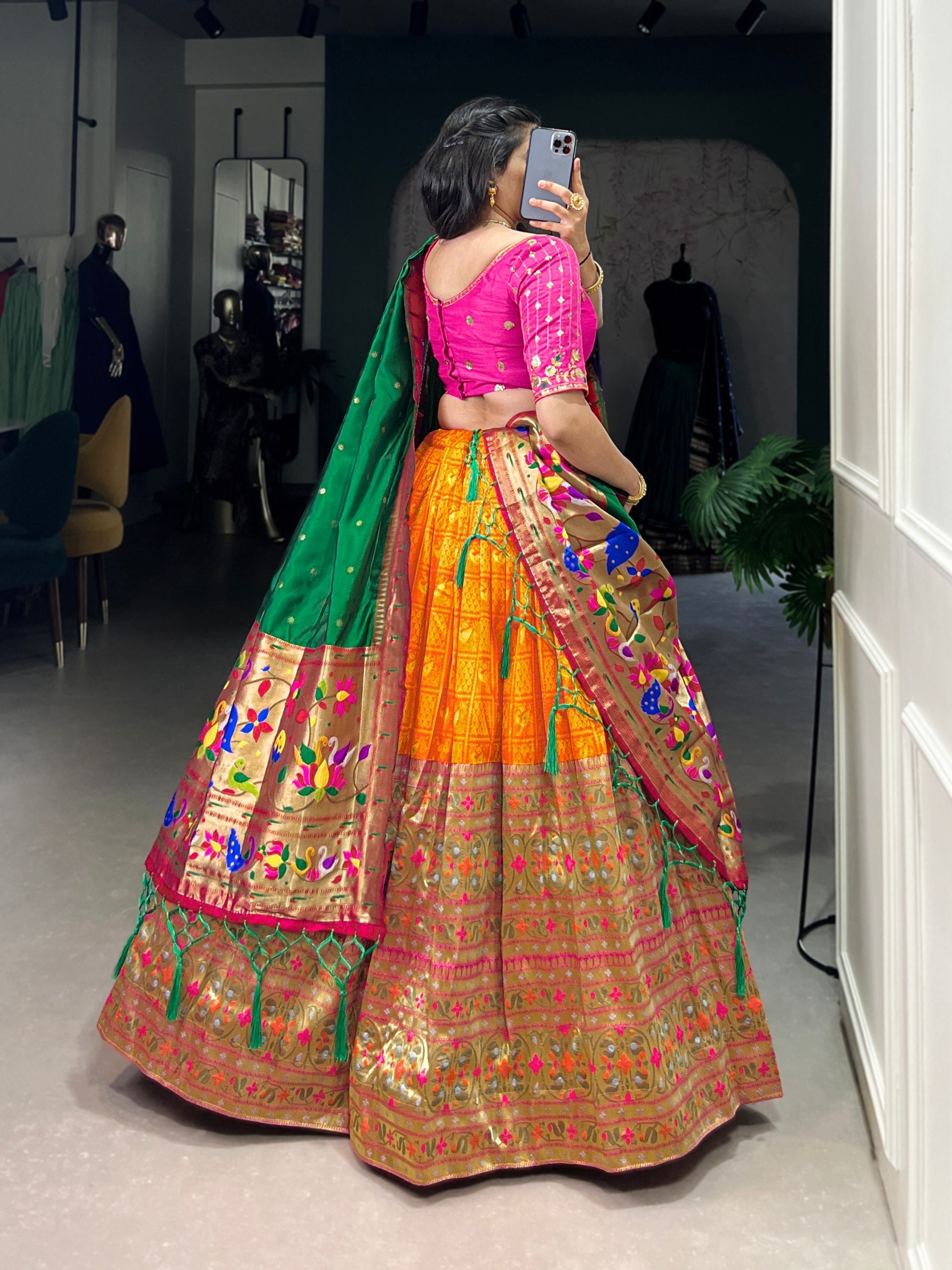 Orange Banarasi Silk Lehenga with Pink Blouse & Green Dupatta AllTreandy
