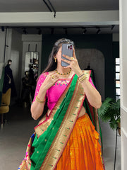 Orange Banarasi Silk Lehenga with Pink Blouse & Green Dupatta AllTreandy