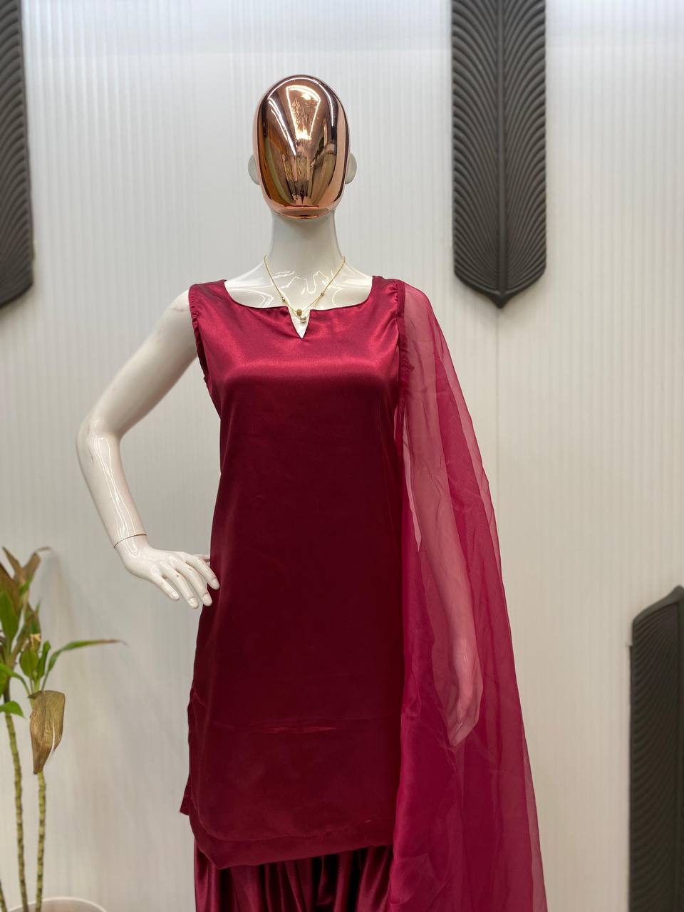 Solid Satin Patiala Suit Set with Organza Dupatta (Fully Stitched) Fabric & Work Details AllTreandy